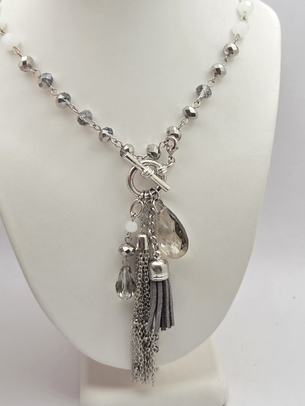 Long Beaded Station Necklace Detachable Charm Tassel Teardrop Crystal 35 Inch